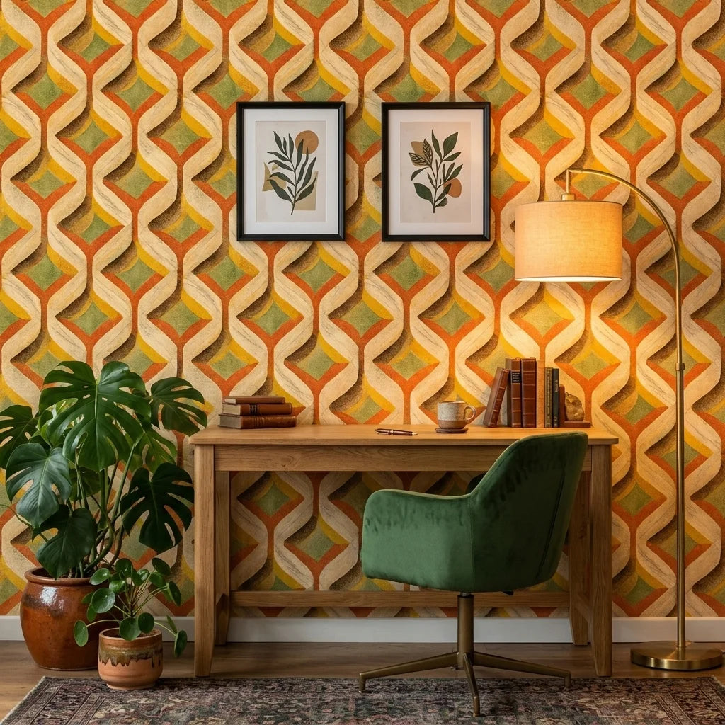 Woven Sway retro orange and green chevron wallpaper adding character to a cozy bedroom
