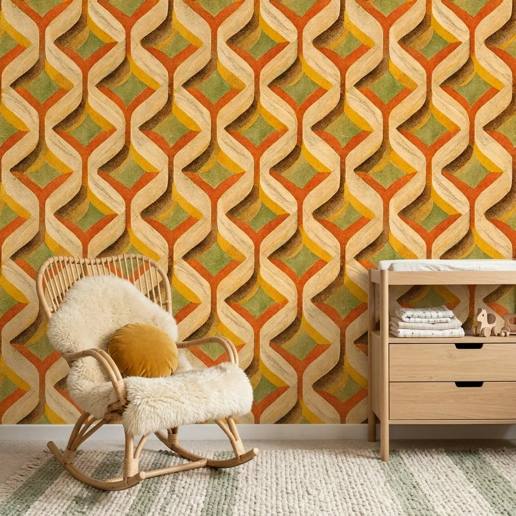 Woven Sway retro orange and green chevron wallpaper as a feature wall in a bright home office