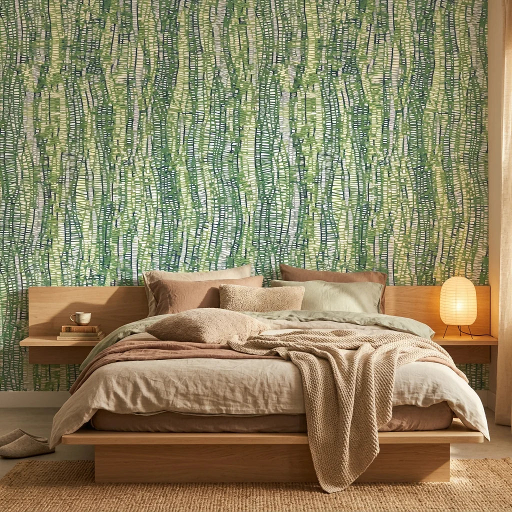 Textured dense olive green woven grass peel and stick wallpaper - Woven Thicket in a warm living room