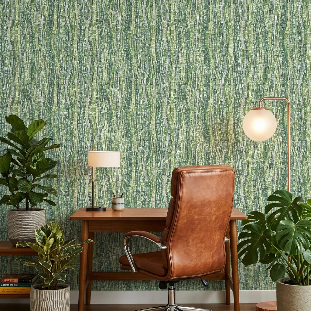 Textured dense olive green woven grass peel and stick wallpaper - Woven Thicket adding character to a bedroom