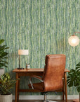 Textured dense olive green woven grass peel and stick wallpaper - Woven Thicket adding character to a bedroom