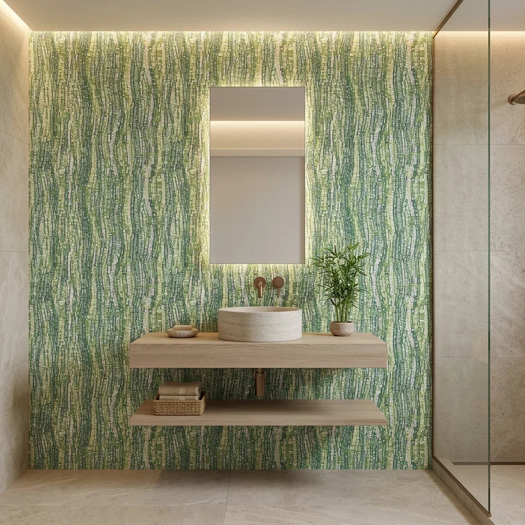 Textured dense olive green woven grass peel and stick wallpaper - Woven Thicket as a feature wall in an office