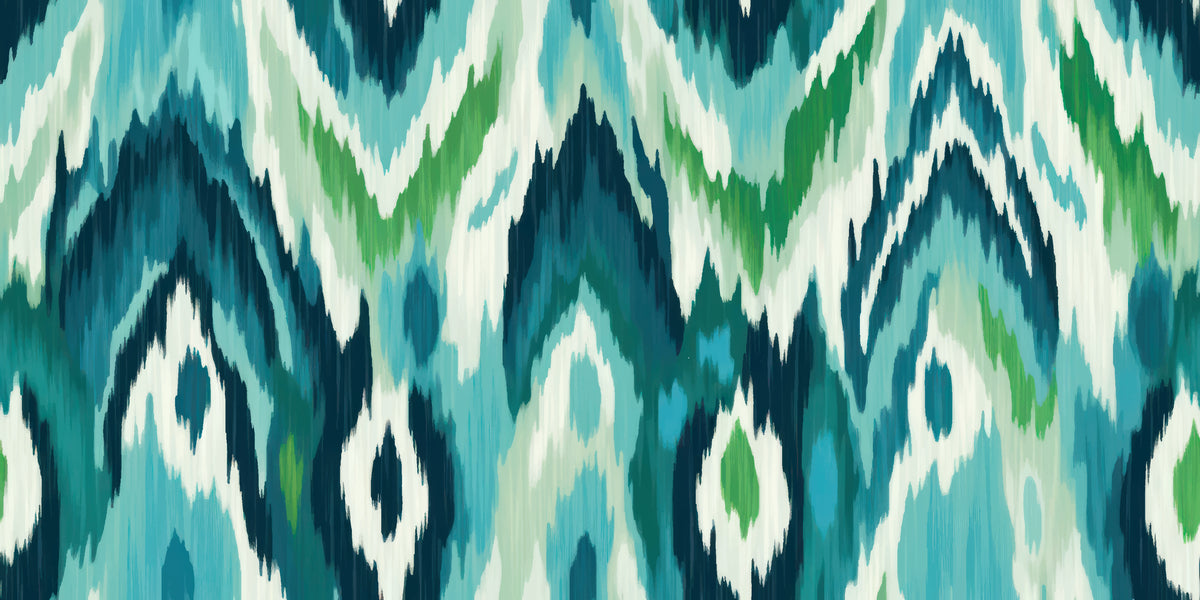 Self-adhesive wall covering featuring an abstract blue and green Ikat wave pattern (Woven Depths)