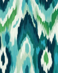 Self-adhesive wall covering featuring an abstract blue and green Ikat wave pattern (Woven Depths)
