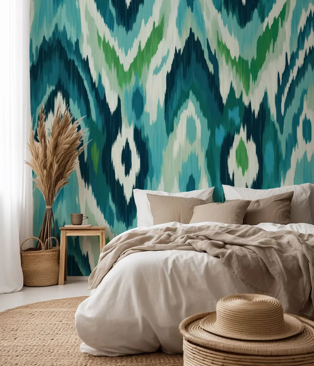 Peel and stick wallpaper featuring an abstract wave pattern in blue and green Ikat style.