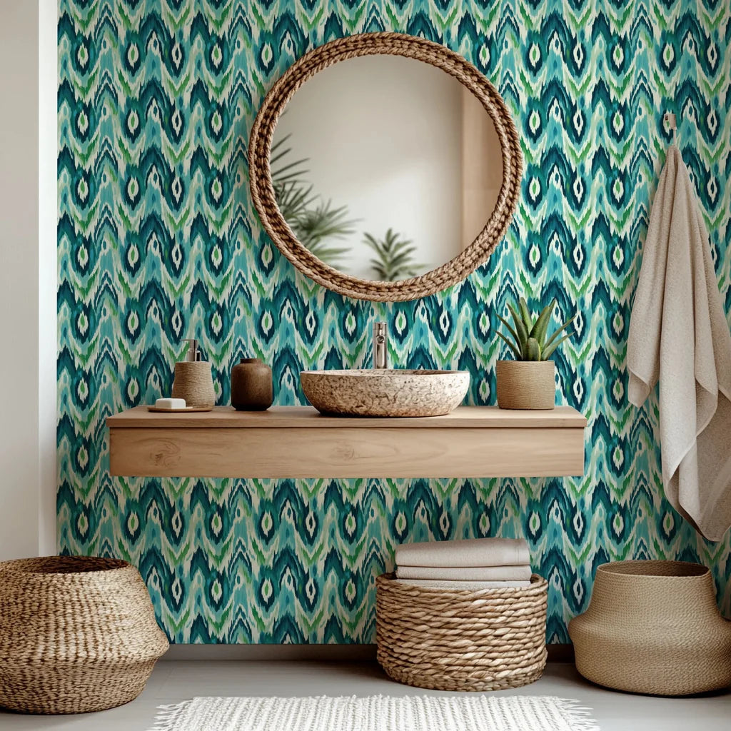 Self-adhesive blue and green abstract Ikat wave wall covering, pattern named Woven Depths
