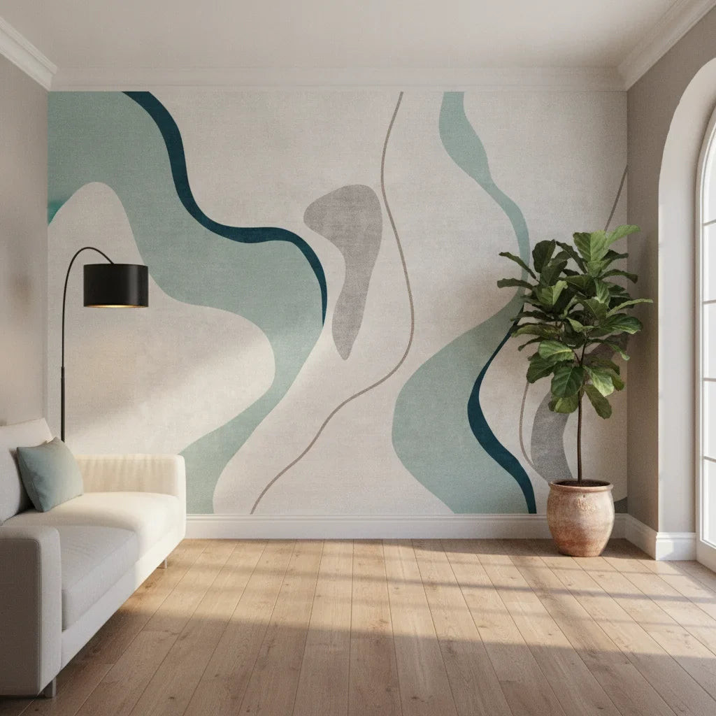 Woven Horizon modern teal abstract in a warm and inviting living room