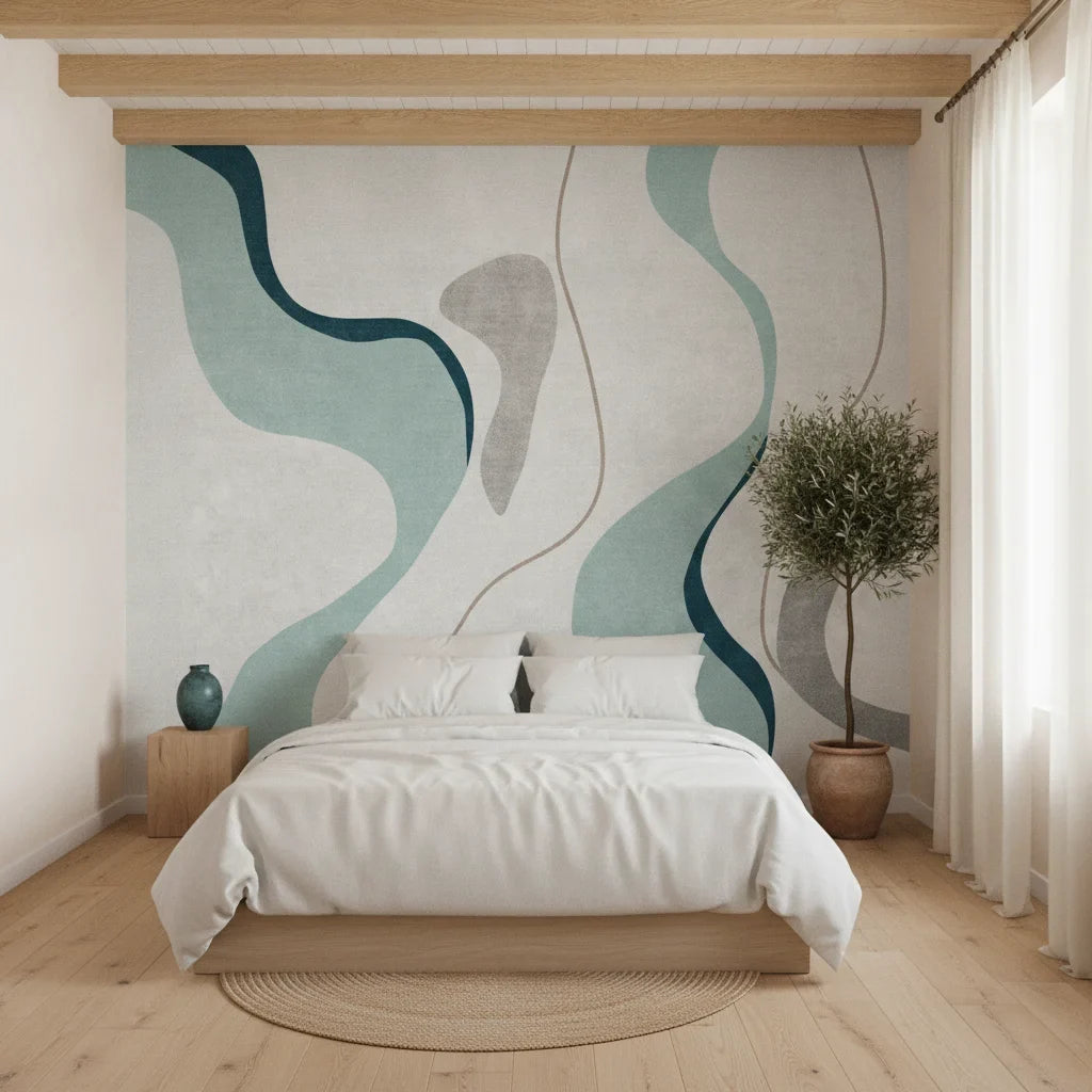 Woven Horizon modern teal abstract adding character to a cozy bedroom