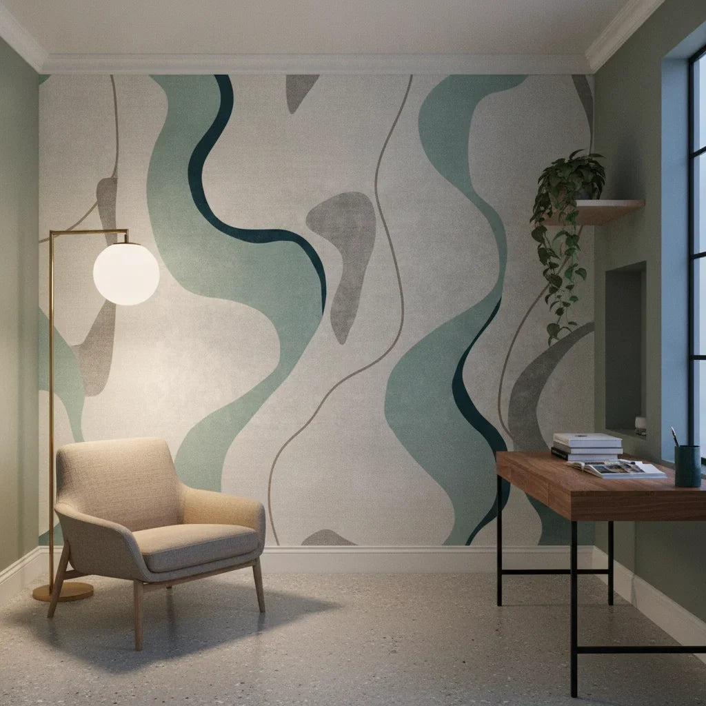 Woven Horizon modern teal abstract as a feature wall in a bright home office