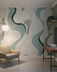 Woven Horizon modern teal abstract as a feature wall in a bright home office