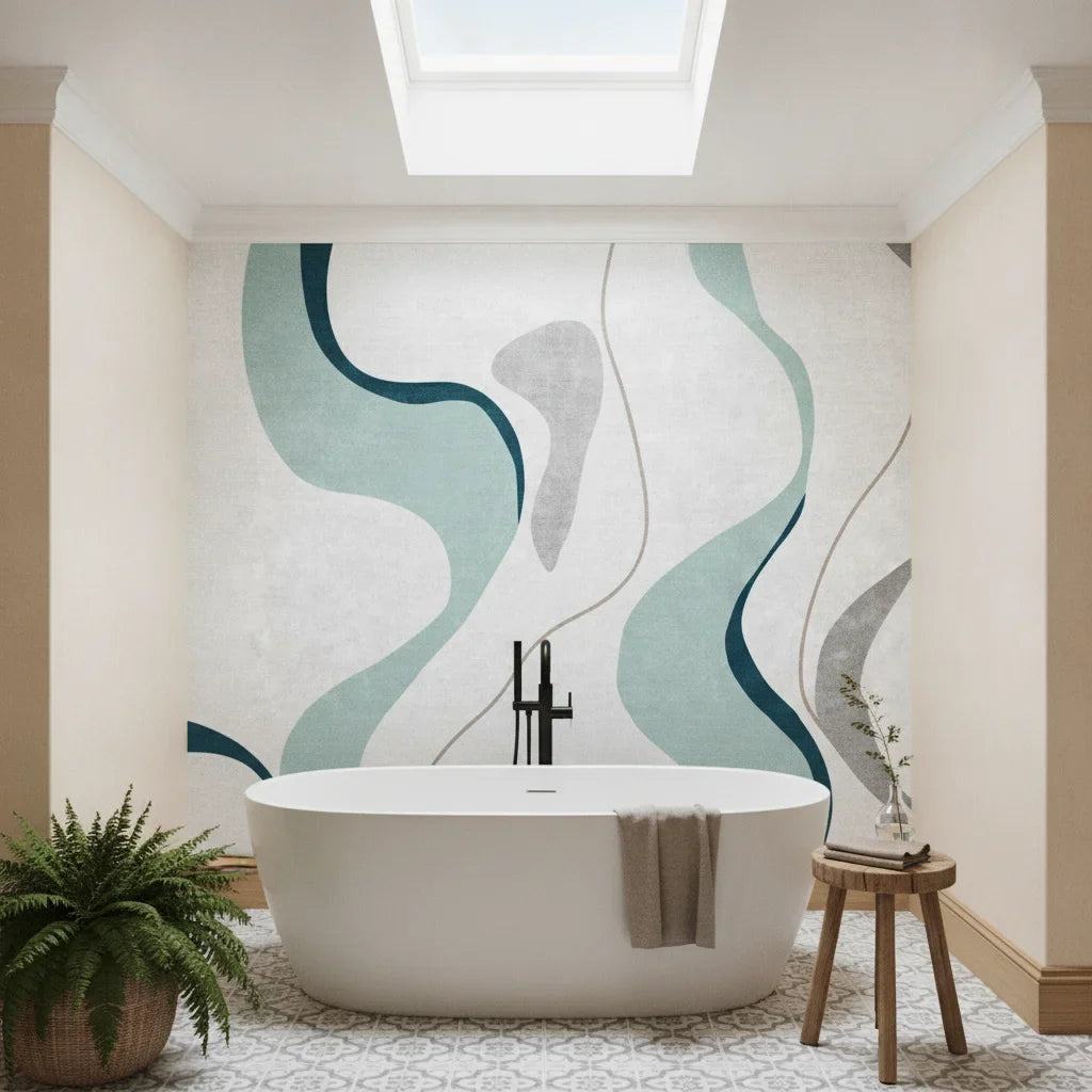 Woven Horizon modern teal abstract creating ambiance in a serene bathroom