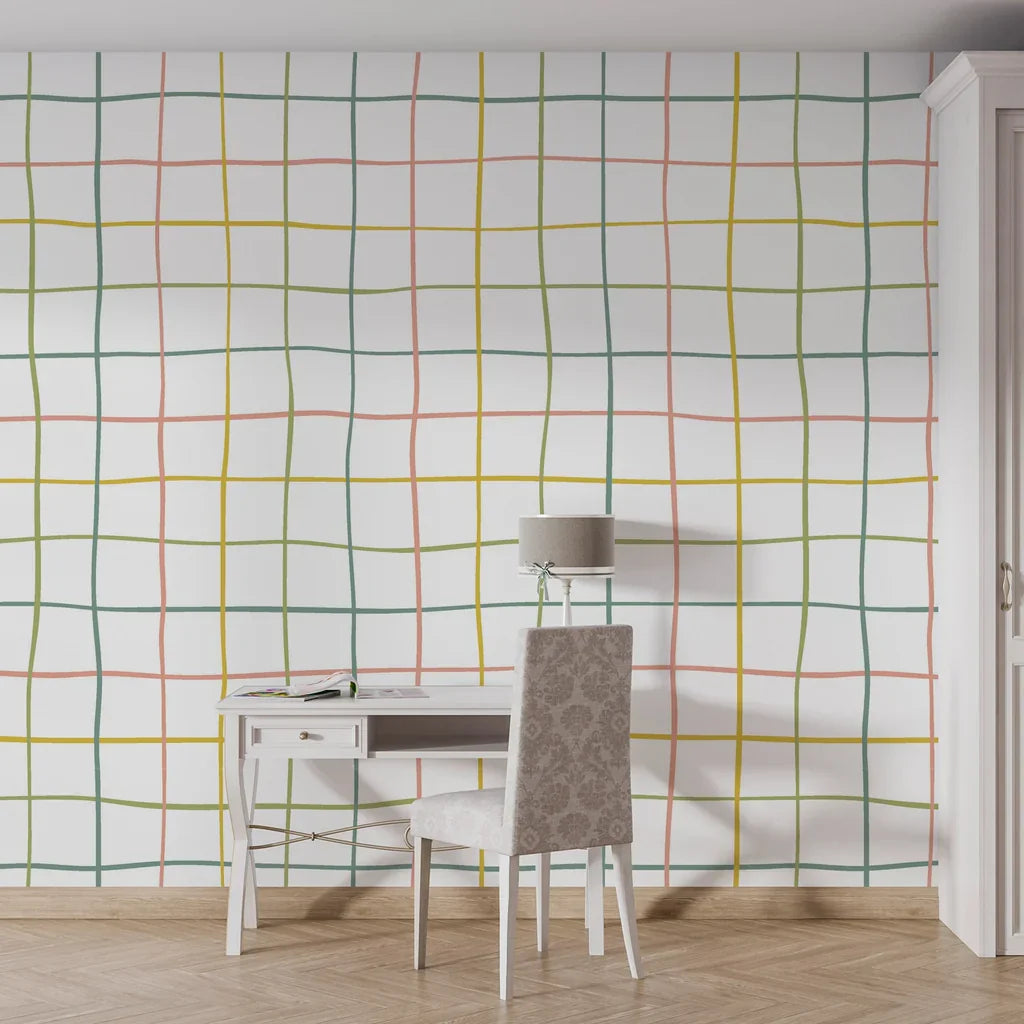 Vibrant orange self-adhesive wall covering with hand-illustrated white daisies - Woven Light