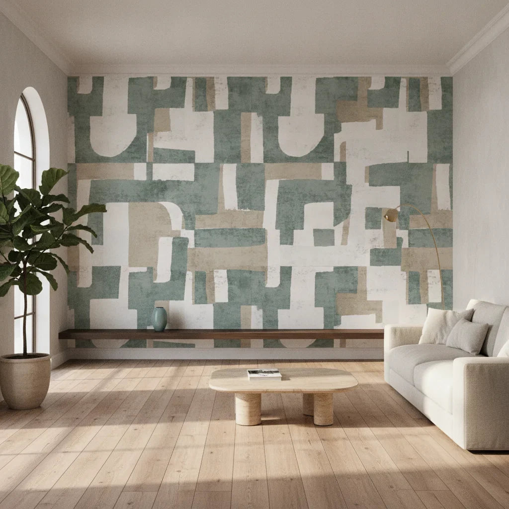 Woven Patchwork sage green geometric in a warm and inviting living room