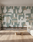 Woven Patchwork sage green geometric in a warm and inviting living room