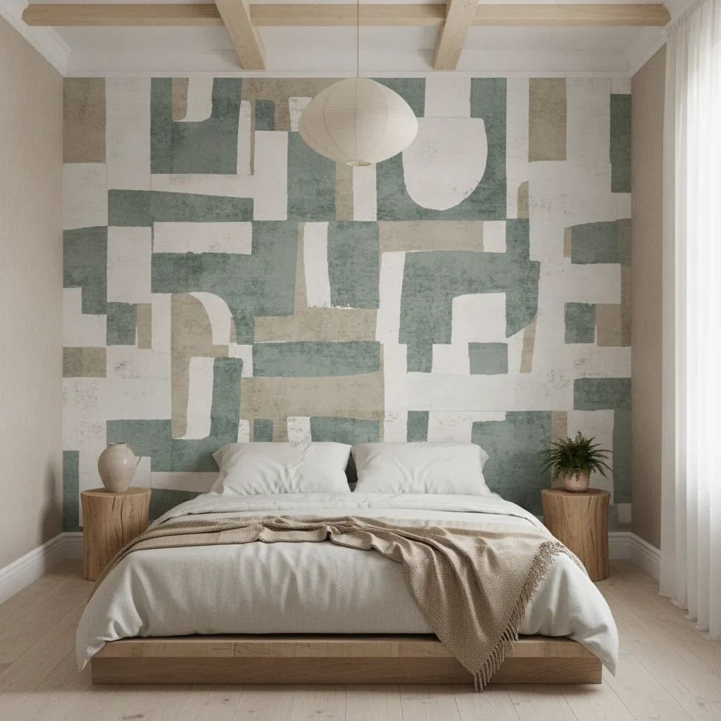 Woven Patchwork sage green geometric adding character to a cozy bedroom