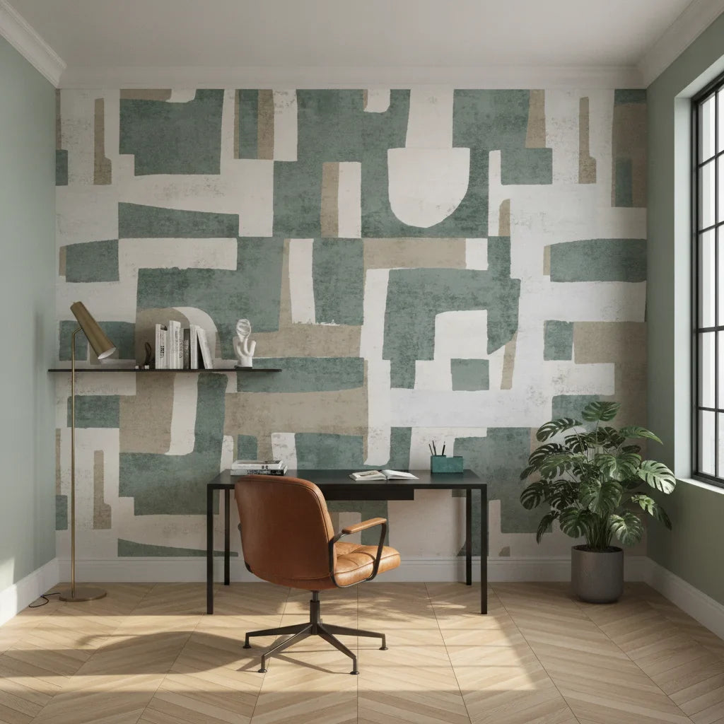 Woven Patchwork sage green geometric as a feature wall in a bright home office