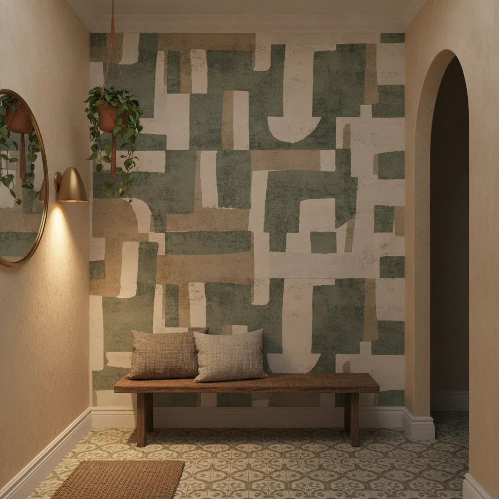 Woven Patchwork sage green geometric creating ambiance in a serene bathroom