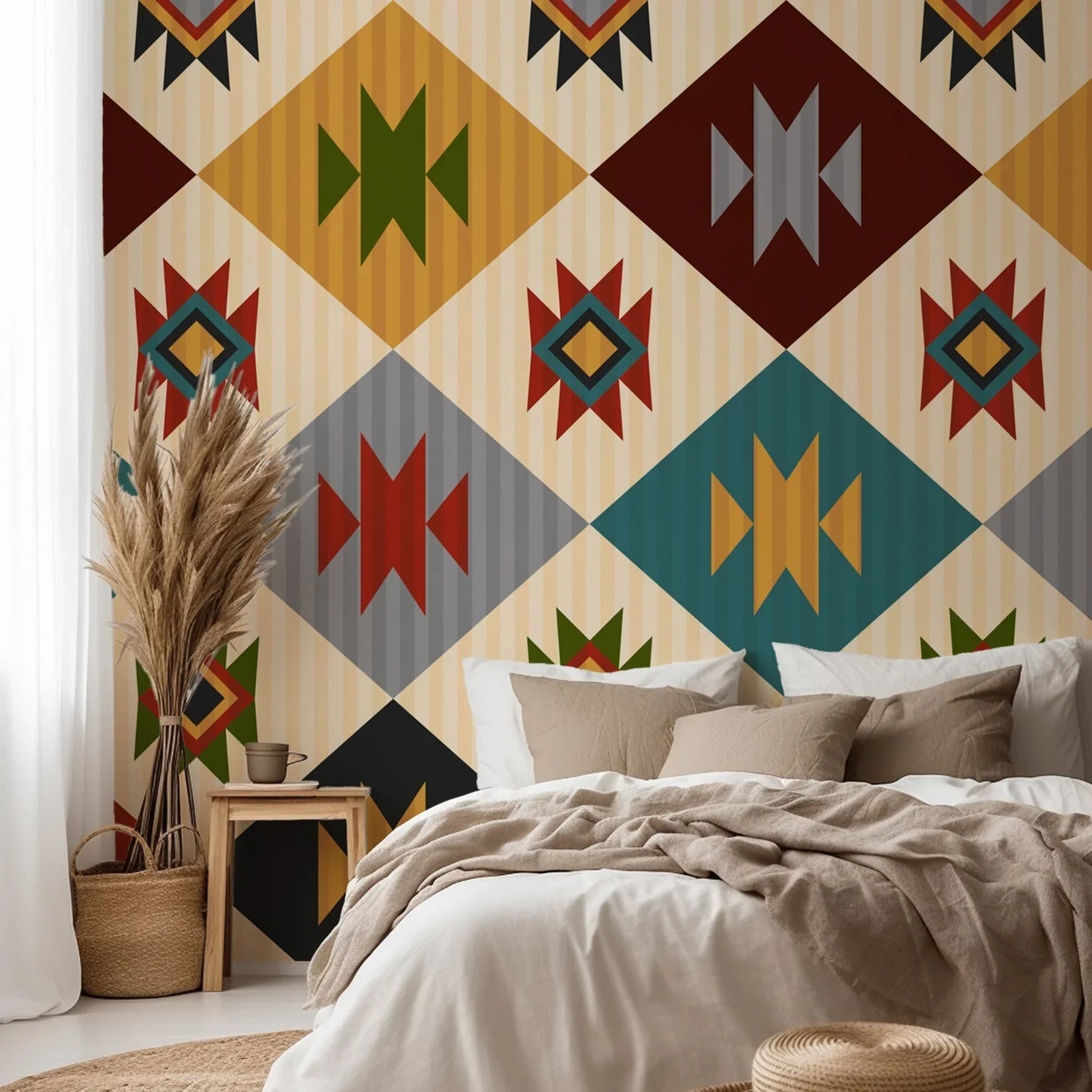 A striking palette of rust red, mustard yellow, sage green, teal, charcoal, and ivory defines this repeating Southwestern geometric wallpaper with diamond patterns