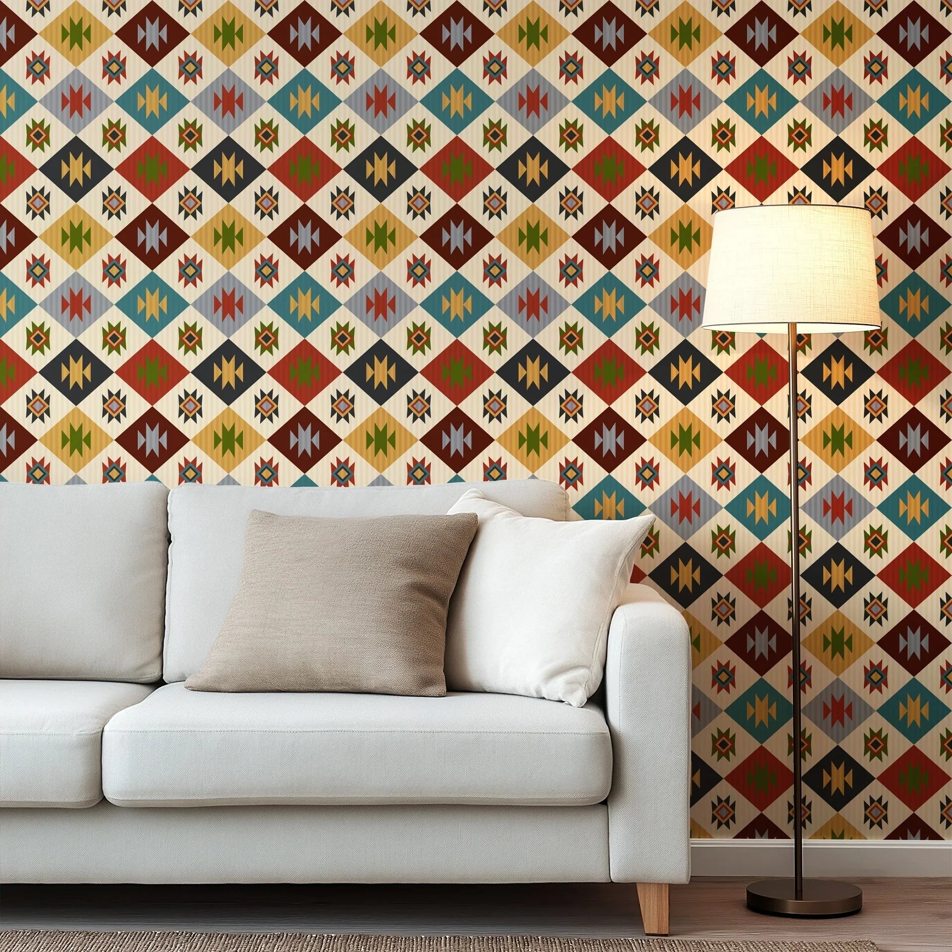 A decorative wall paper in a Southwestern style, utilizing warm desert hues: rust red, mustard yellow, sage green, teal, charcoal, and ivory. The design features a continuous geometric diamond motif.