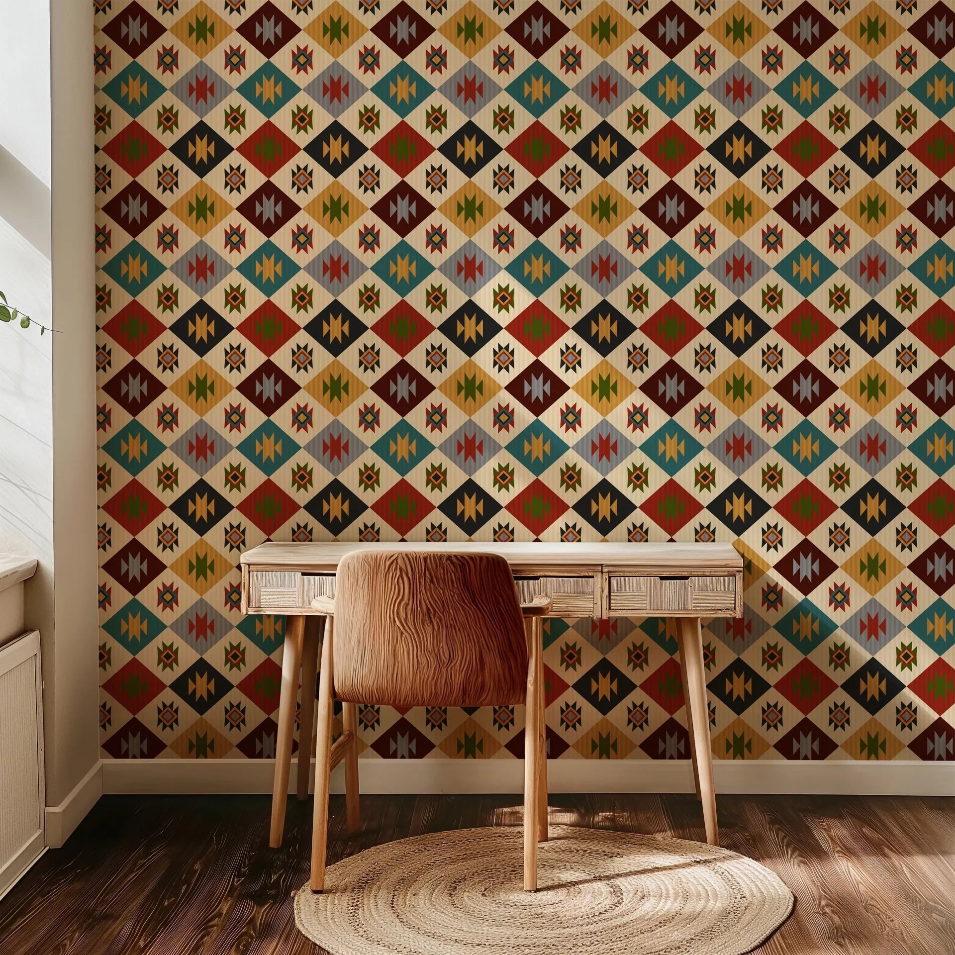 The wallpaper displays a consistent, geometric diamond motif inspired by Southwestern design. Its palette of warm earth colors includes ivory, charcoal, teal, sage green, mustard yellow, and rust red.