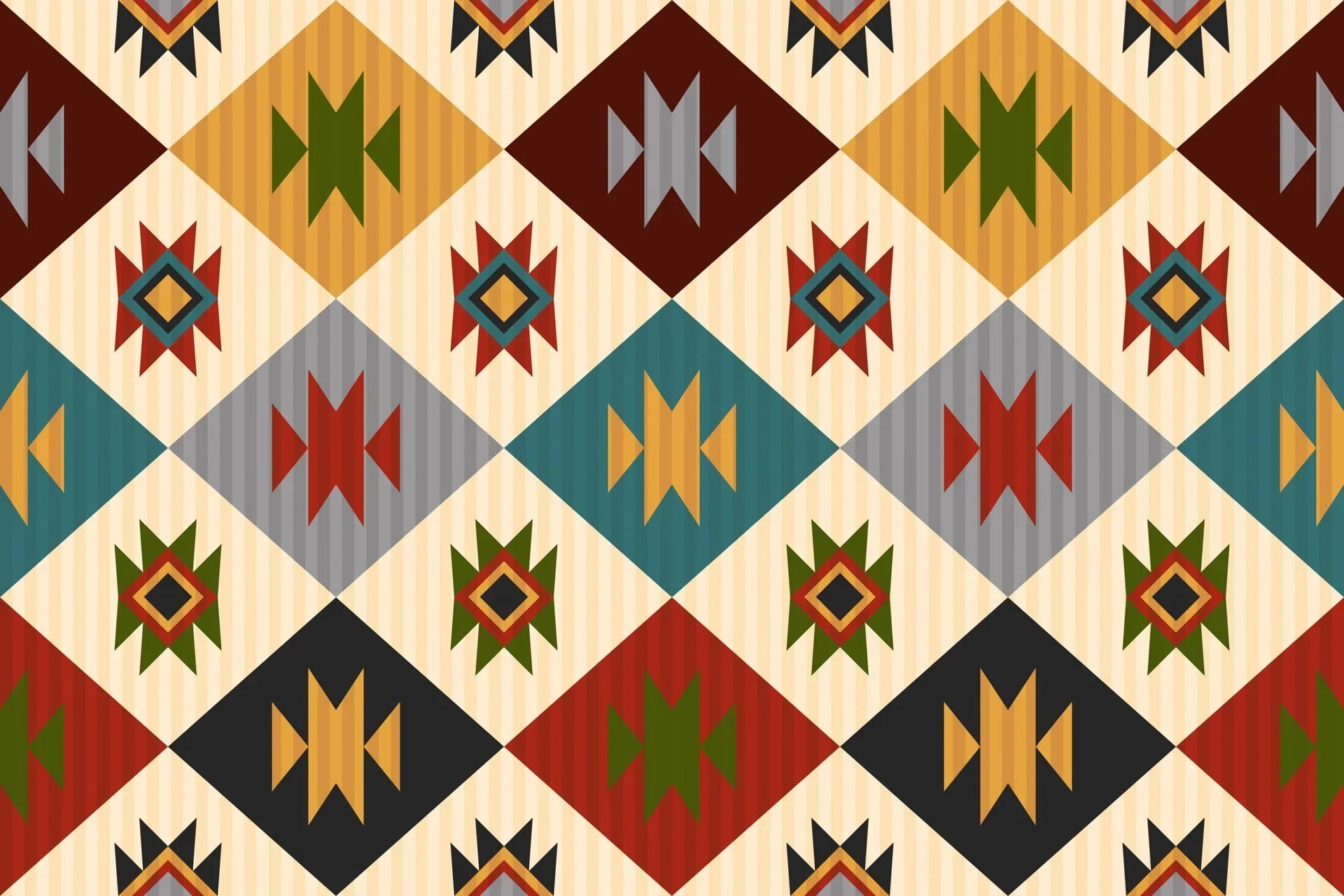 A palette of ivory, charcoal, teal, sage green, mustard yellow, and rust red defines this Southwestern-style wallpaper featuring continuous, repeating geometric diamond patterns