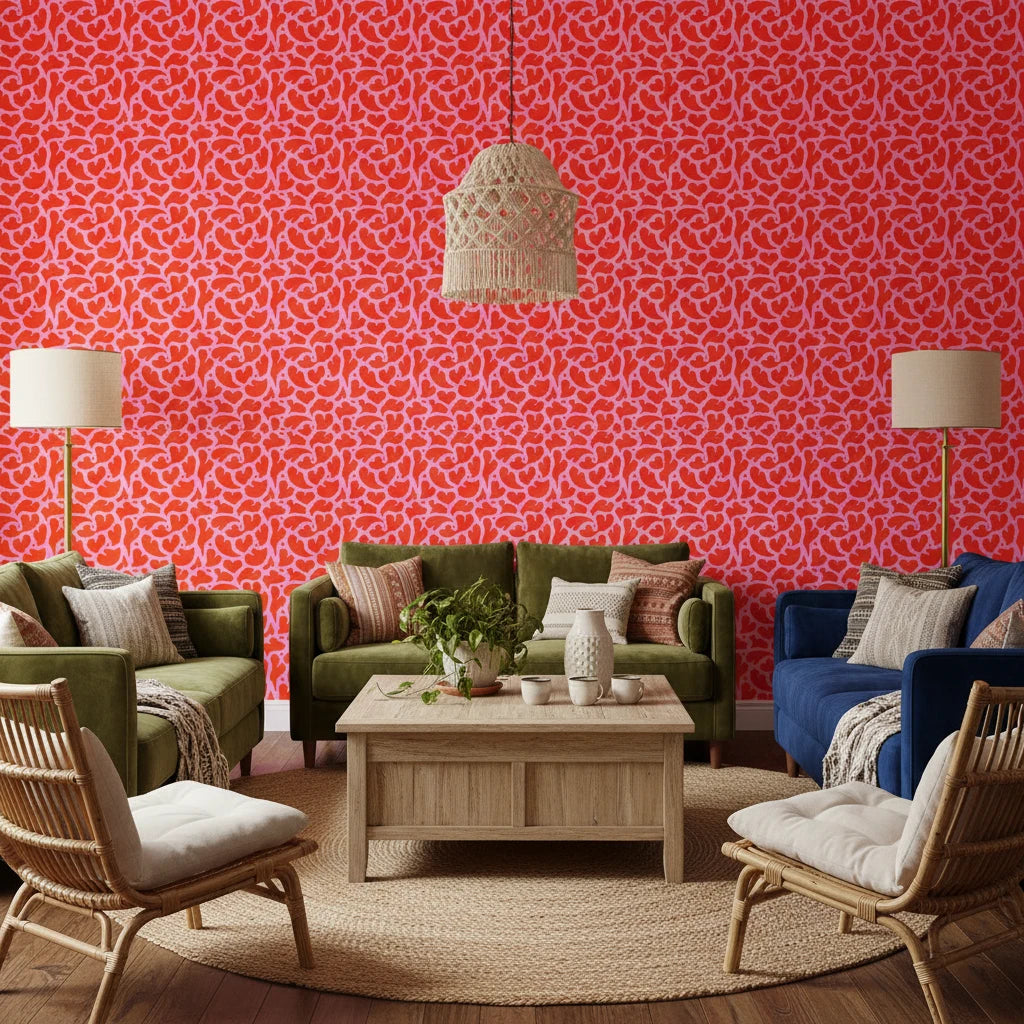 Woven Whisper bold red heart wallpaper in a warm and inviting living room