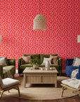Woven Whisper bold red heart wallpaper in a warm and inviting living room