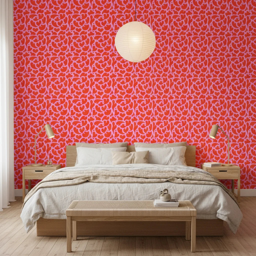 Woven Whisper bold red heart wallpaper adding character to a cozy bedroom