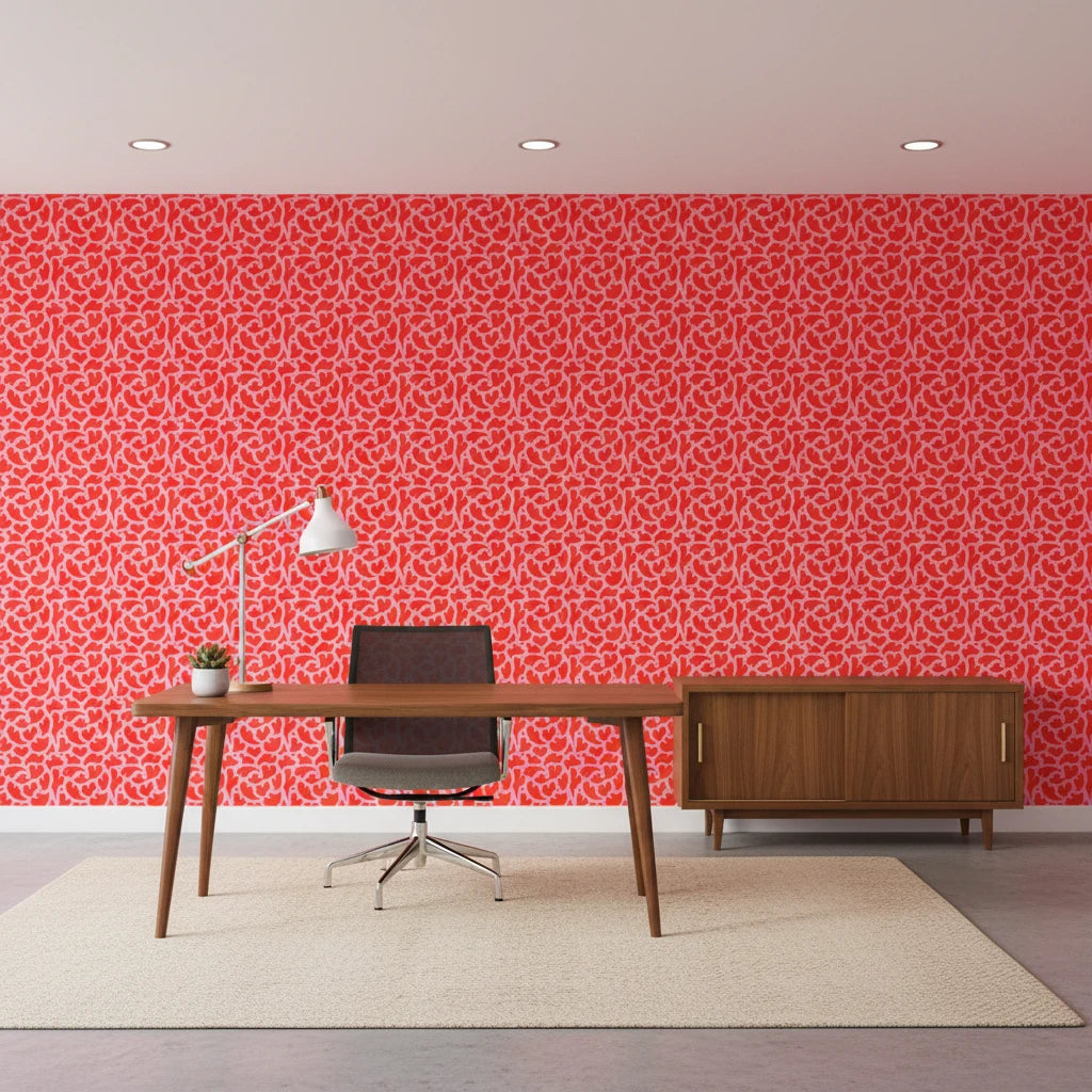 Woven Whisper bold red heart wallpaper as a feature wall in a bright home office
