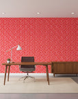 Woven Whisper bold red heart wallpaper as a feature wall in a bright home office