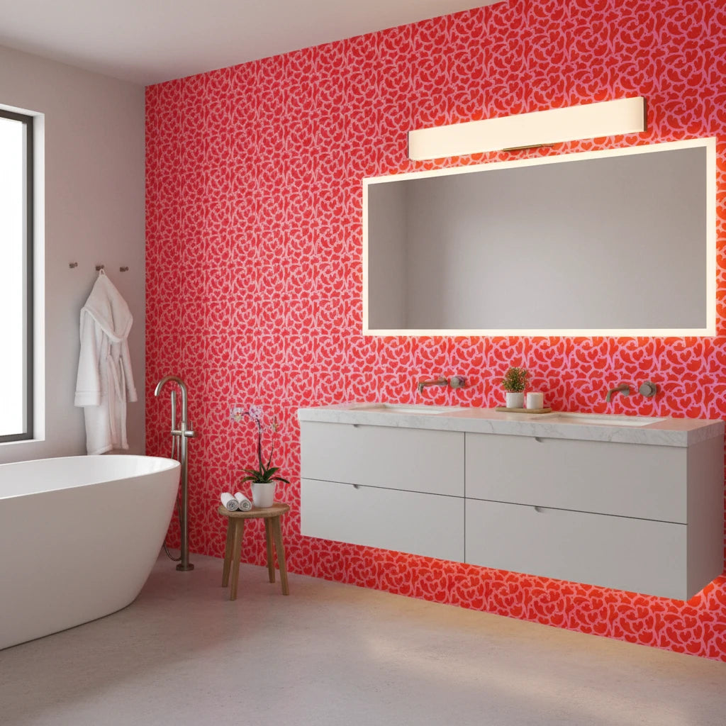 Woven Whisper bold red heart wallpaper creating ambiance in a serene bathroom