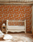 Removable wall covering with a matte orange finish and delicate white floral sketches - Zest Bloom