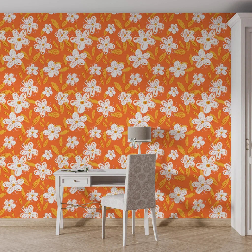 Floral adhesive wallpaper featuring hand-sketched white daisies on a flat orange background - Zest Bloom