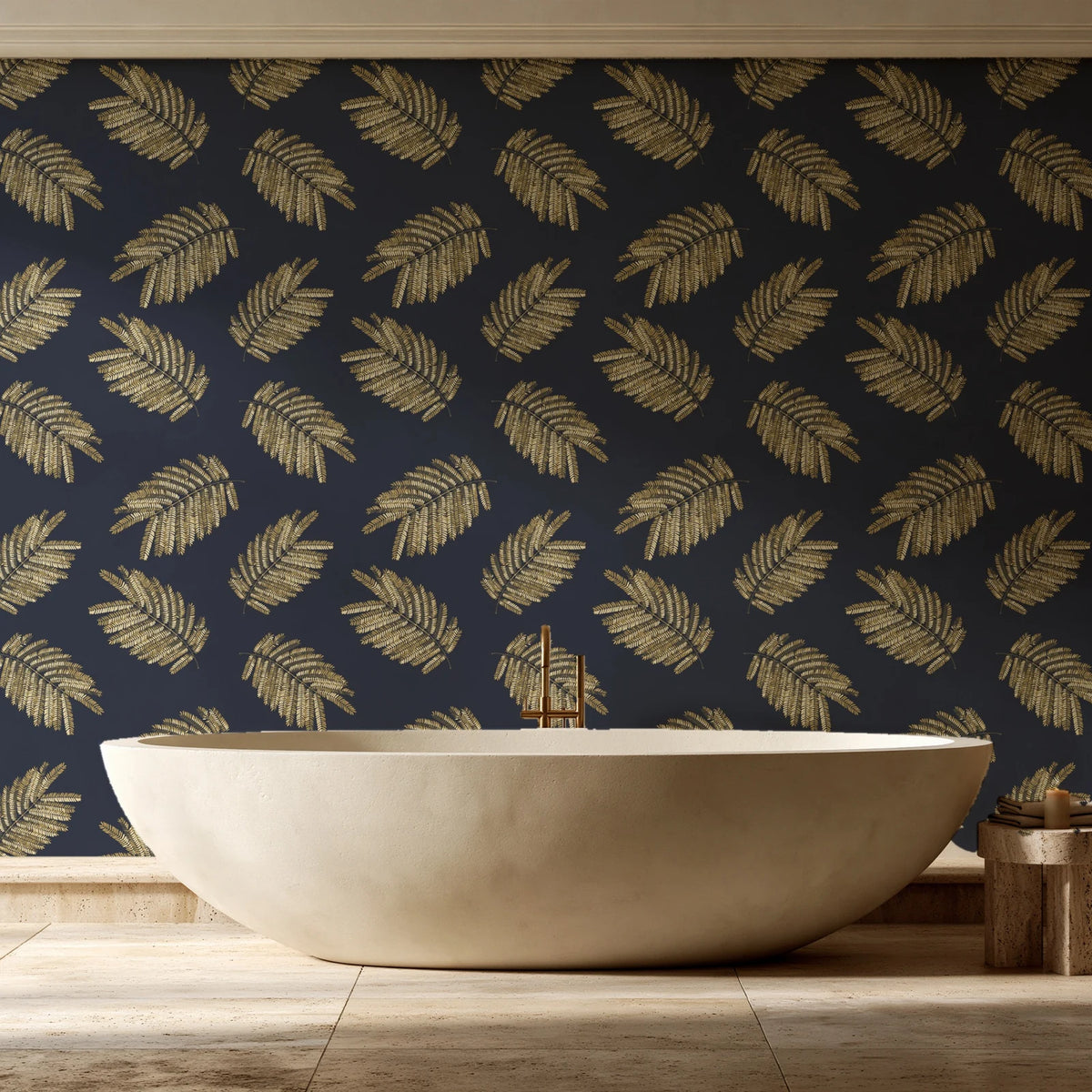 Acacia Scatter Black Gold dainty leaf wallpaper creating ambiance in a serene spa bathroom
