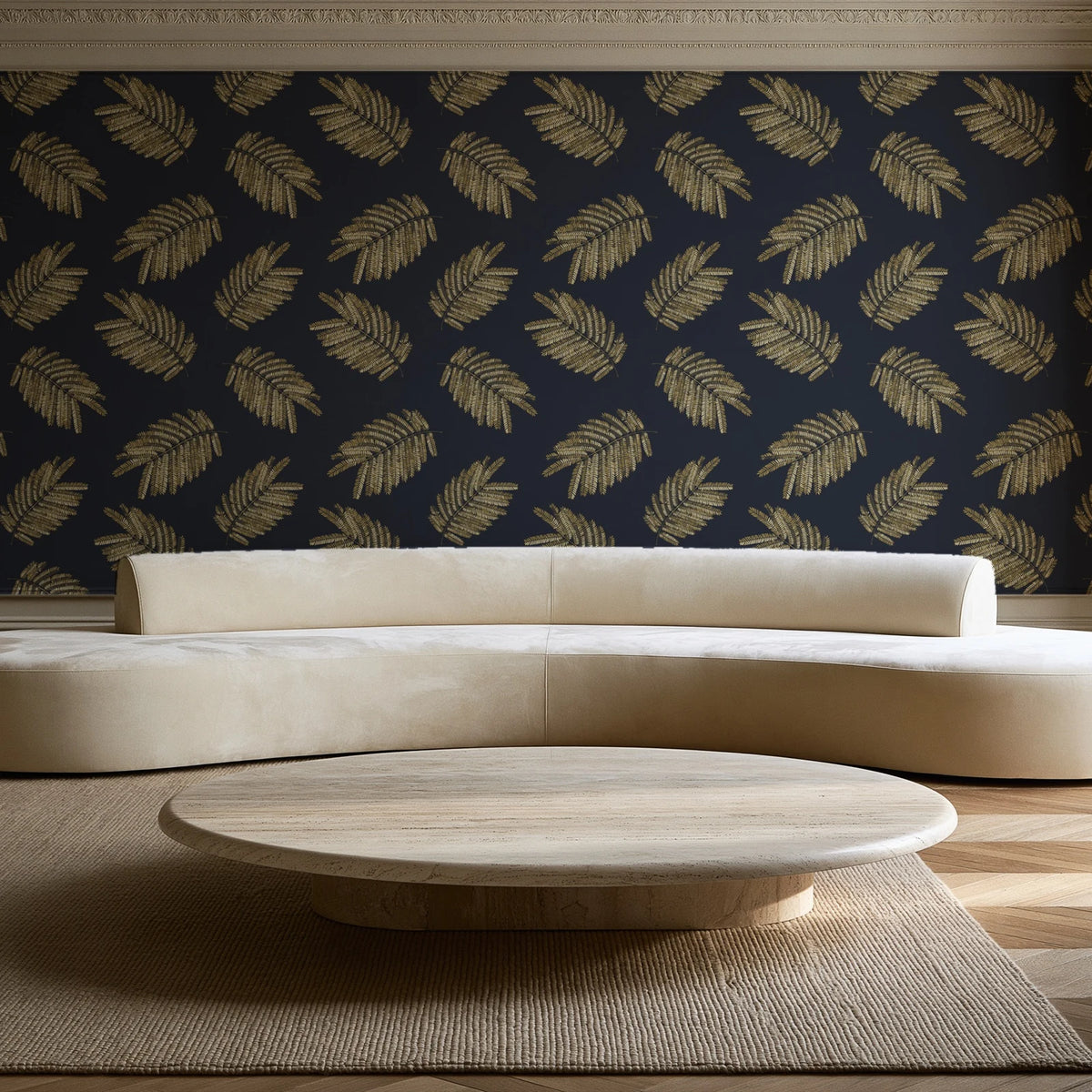 Acacia Scatter Black Gold dainty leaf wallpaper in an elegant living room
