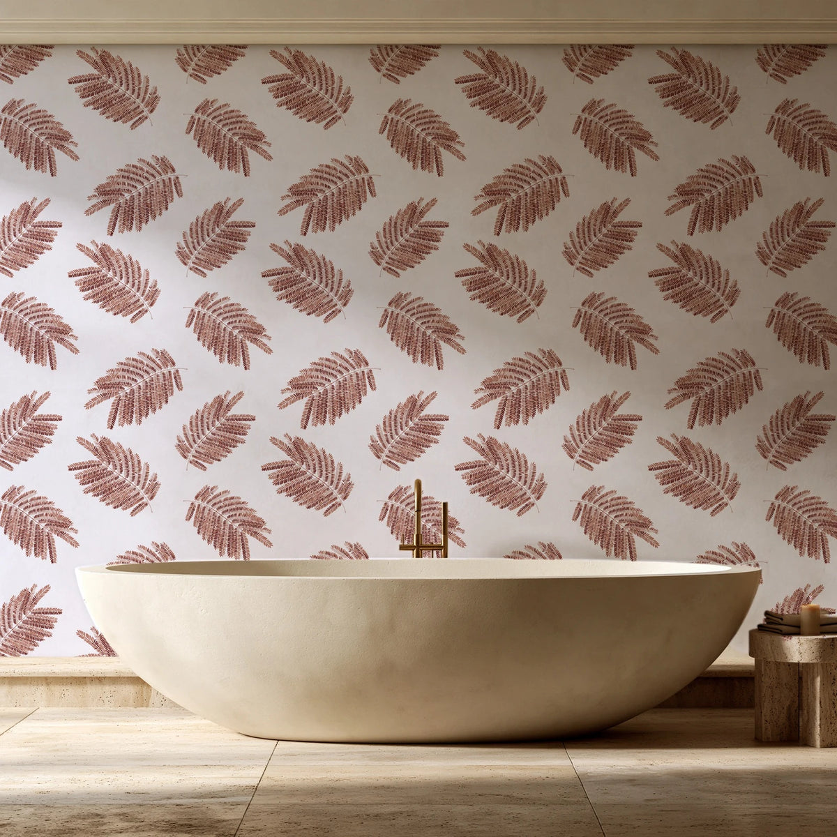 Acacia Scatter Oxblood dainty leaf wallpaper creating ambiance in a serene spa bathroom