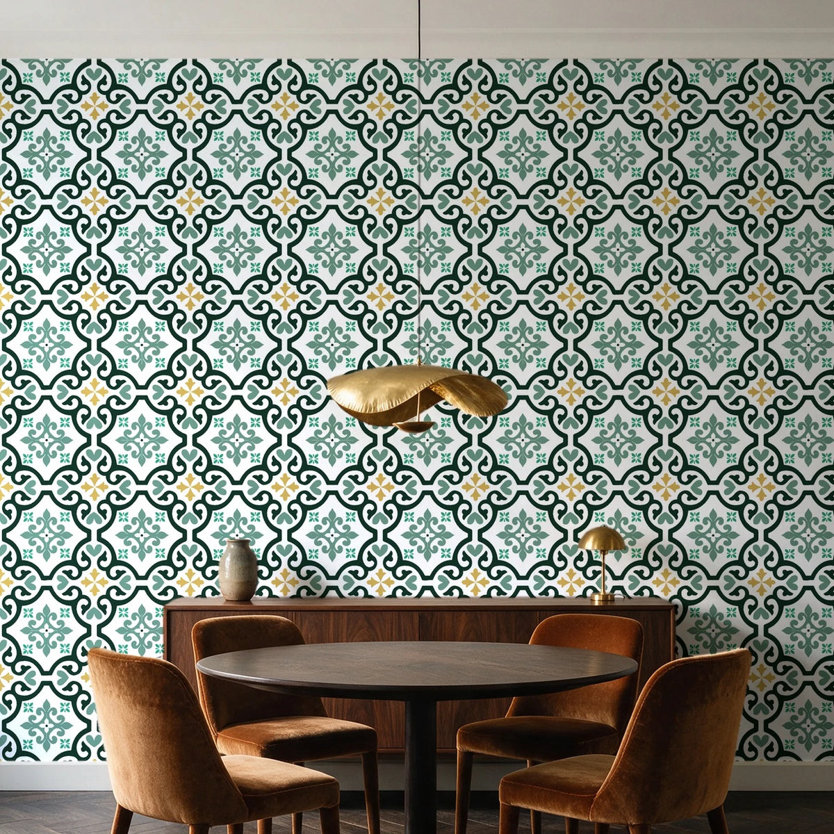 Andalusian Court Emerald encaustic tile wallpaper behind a walnut credenza and round table in an elegant dining room