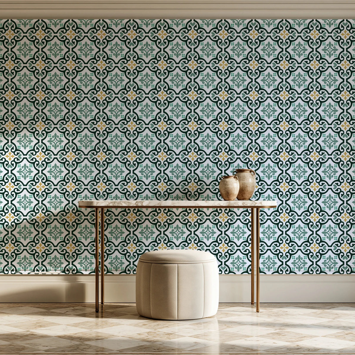 Andalusian Court Emerald encaustic tile wallpaper on the wall of a grand entry foyer