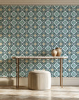 Andalusian Court Emerald encaustic tile wallpaper on the wall of a grand entry foyer