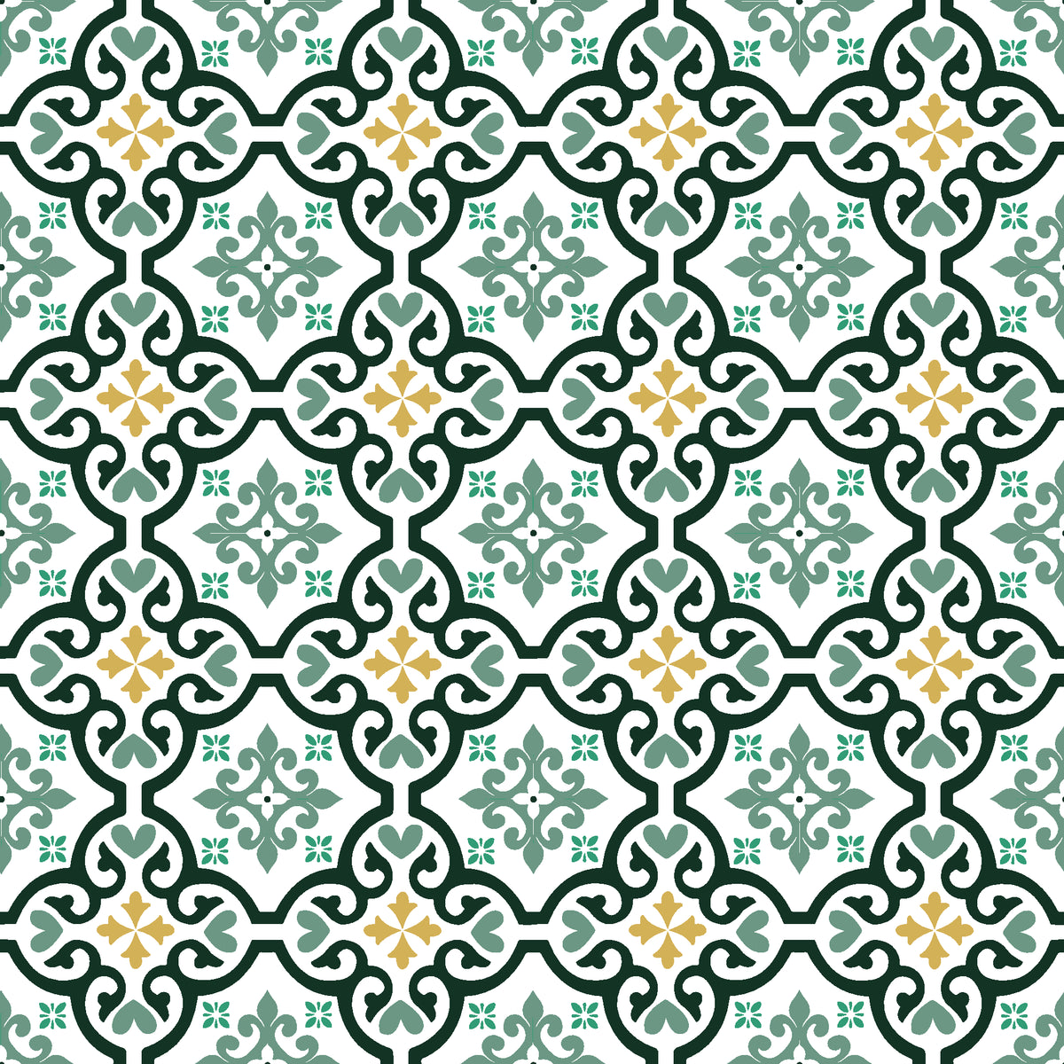 Andalusian Court Emerald encaustic tile wallpaper in emerald and gold