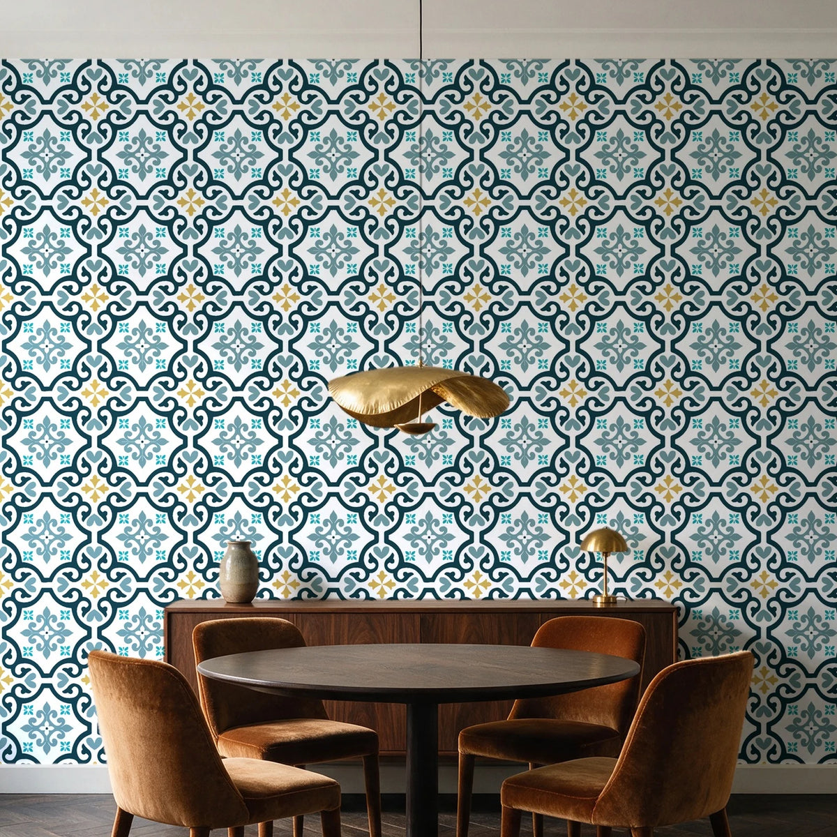 Andalusian Court Peacock encaustic tile wallpaper behind a walnut credenza and round table in an elegant dining room