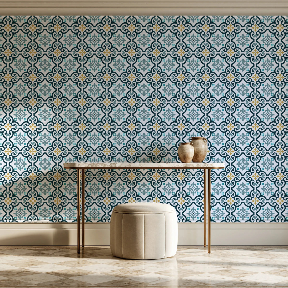 Andalusian Court Peacock encaustic tile wallpaper on the wall of a grand entry foyer