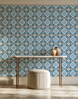 Andalusian Court Peacock encaustic tile wallpaper on the wall of a grand entry foyer
