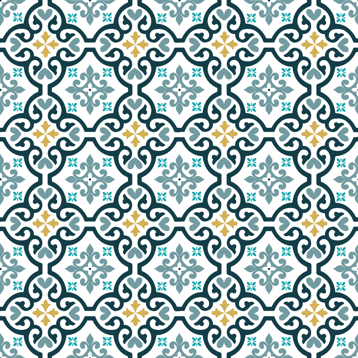 Andalusian Court Peacock encaustic tile wallpaper in peacock blue and gold