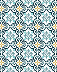 Andalusian Court Peacock encaustic tile wallpaper in peacock blue and gold
