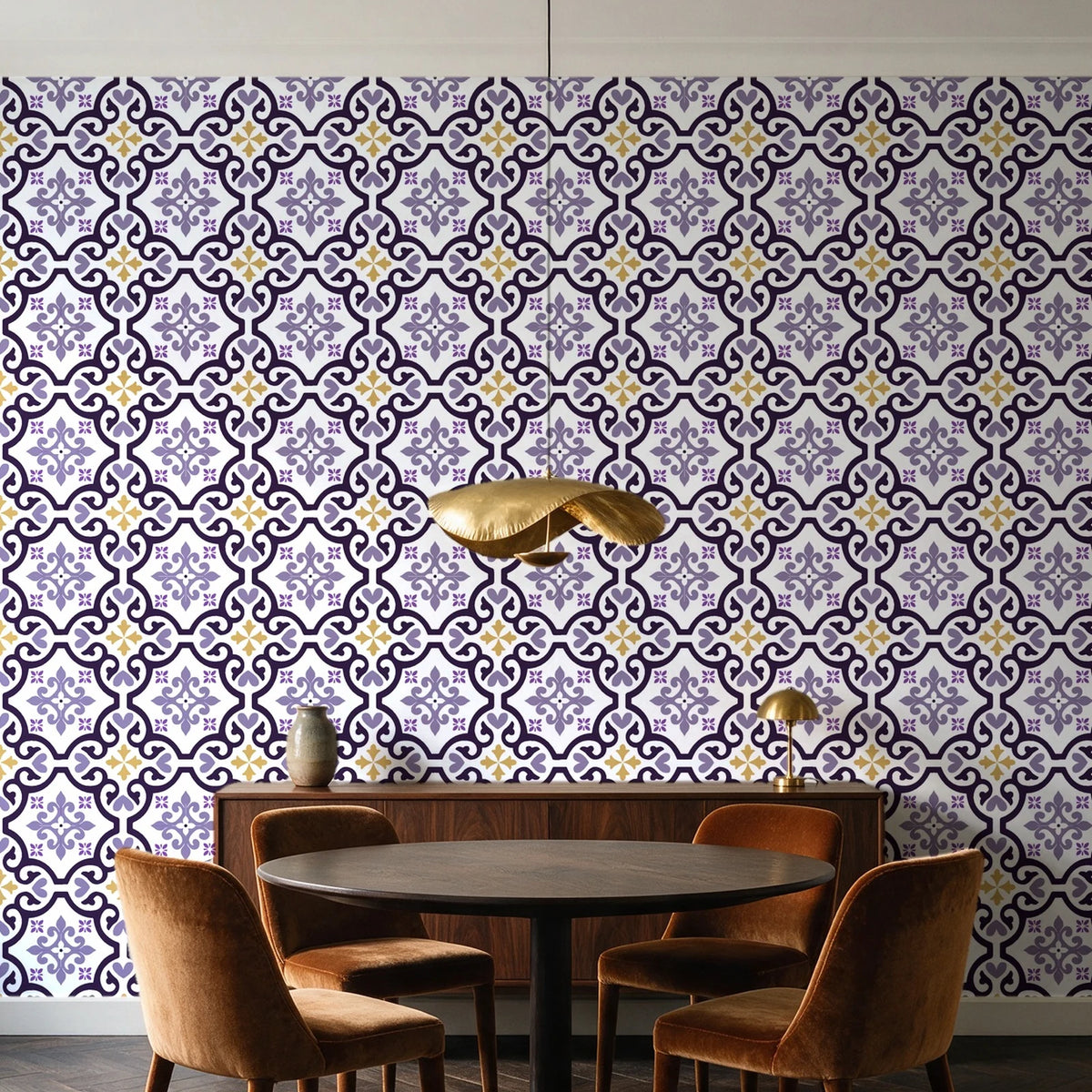 Andalusian Court Plum encaustic tile wallpaper behind a walnut credenza and round table in an elegant dining room
