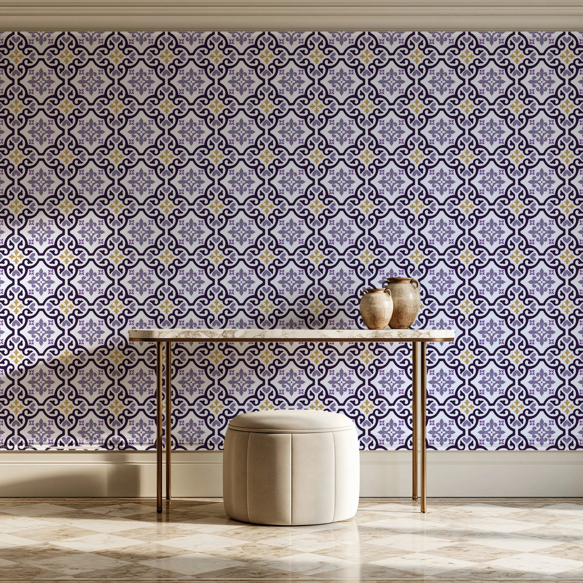 Andalusian Court Plum encaustic tile wallpaper on the wall of a grand entry foyer