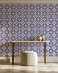 Andalusian Court Plum encaustic tile wallpaper on the wall of a grand entry foyer