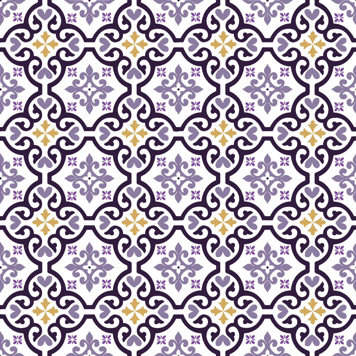 Andalusian Court Plum encaustic tile wallpaper in plum and gold