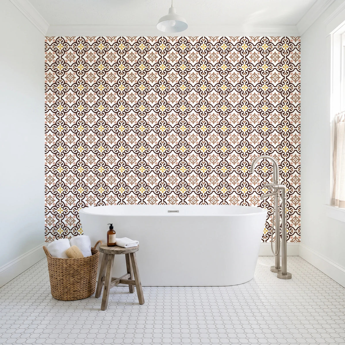 Andalusian Court Terracotta encaustic tile wallpaper behind a freestanding tub in a bright coastal bathroom